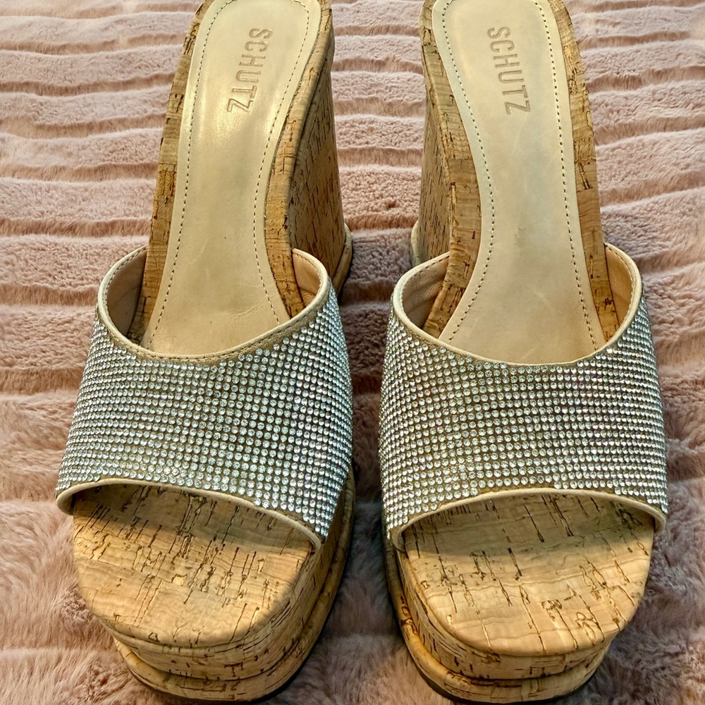 SCHUTZ Dalle Crystal-Embellished Cork Wedge 8.5